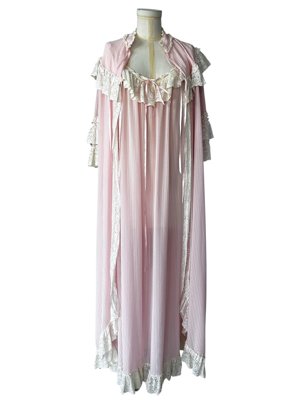Sally Poppy England Long Peignoir Set Lace Trim Tonal Pink Stripe Dot Size Large